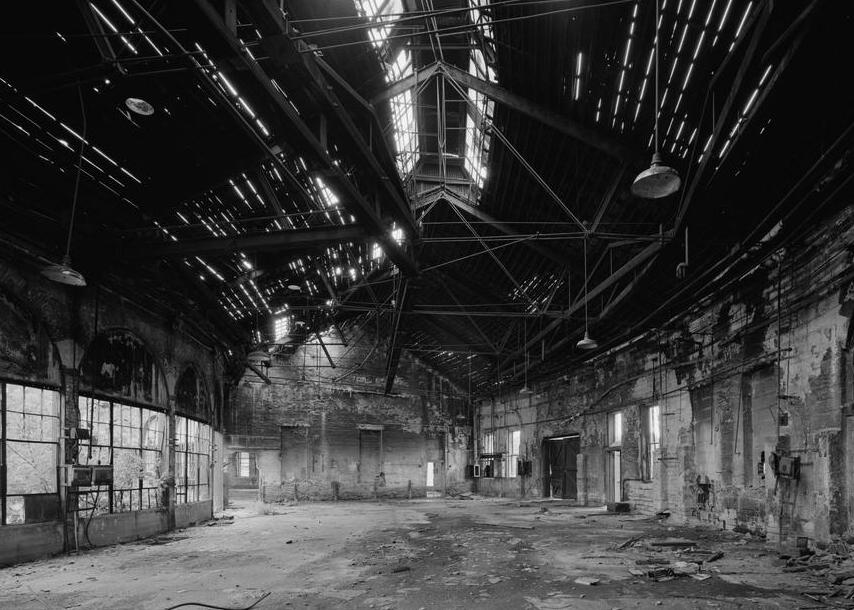 Chicago, Burlington and Quincy -CBQ- Railroad Roundhouse and Shops, Aurora Illinois Roundhouse (1856 portion), general interior view facing west