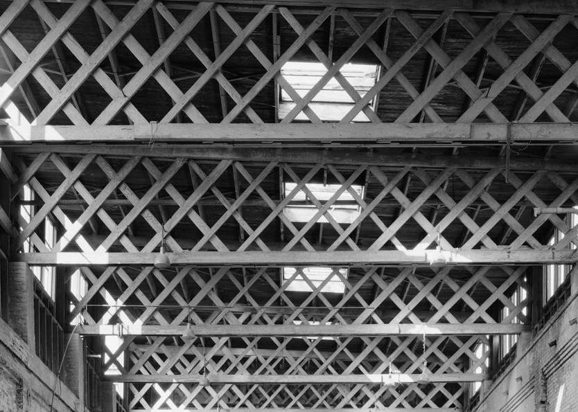 Chicago, Burlington and Quincy -CBQ- Railroad Roundhouse and Shops, Aurora Illinois Corridor and wheel bay, roof truss detail, facing north