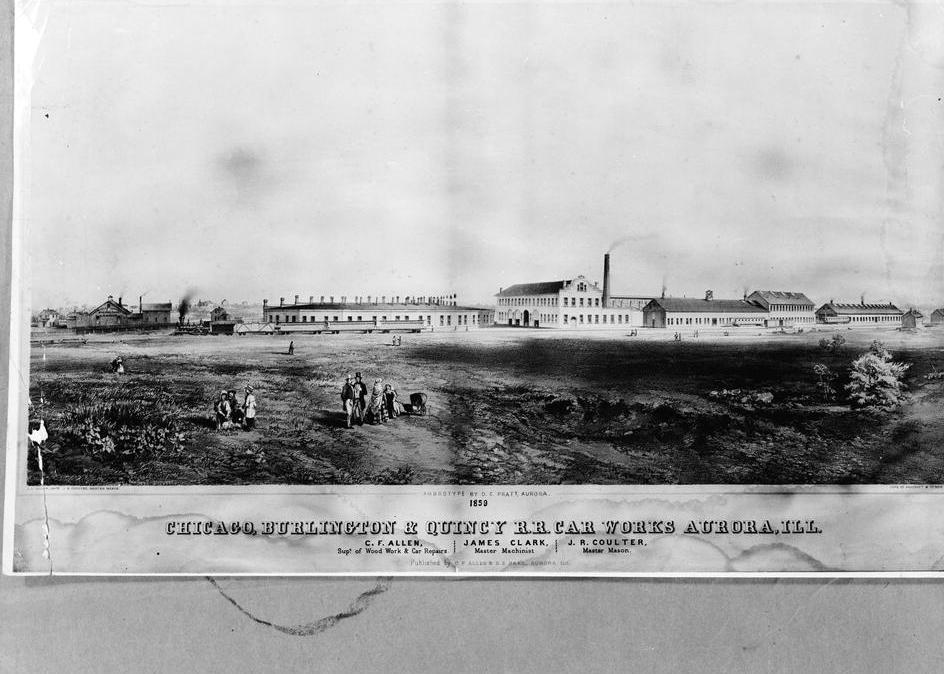 Chicago, Burlington and Quincy -CBQ- Railroad Roundhouse and Shops, Aurora Illinois Chicago, Burlington, & Quincy R.R car works aurora, ILL. Photocopy of an undated lithograph based on an ambrotype by D.C. Pratt, C. 1857