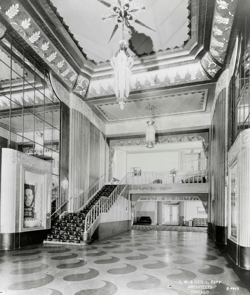 Paramount Theater, Aurora Illinois Grand lobby from entrance doors toward auditorium (1931)