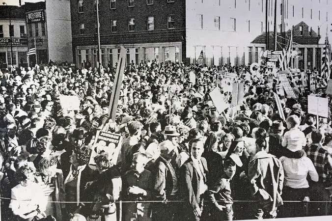 Hotel Belleville, Belleville Illinois President Lyndon B. Johnson delivers important speech in Public Square at Belleville on October 21, 1964; the local crowd fills the square adjacent the old Belleville Hotel (1964)