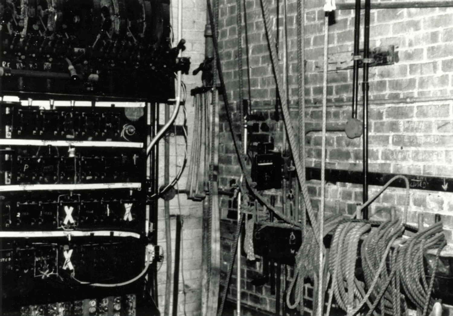 New Orpheum Theatre, Champaign Illinois Original electrical circuit box and scenery pin-rail behind stage (1990)
