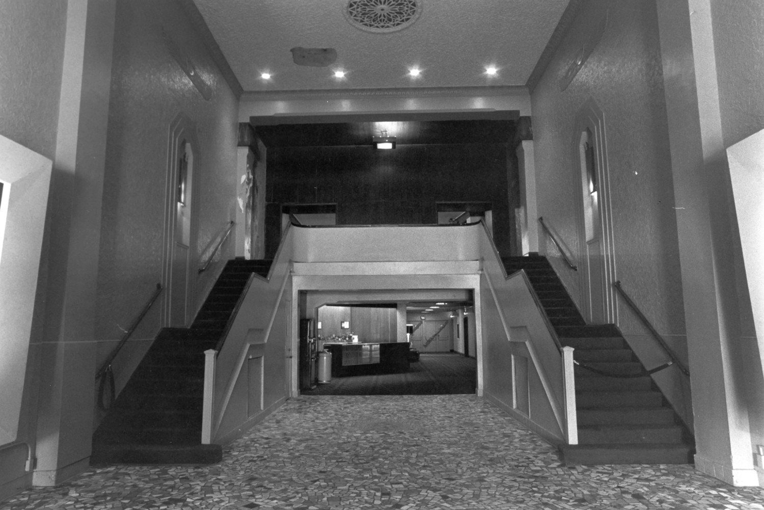 Egyptian Theatre, DeKalb Illinois Main lobby with pilaster capitals, cornice, falcon wings obscured by paint (1978)