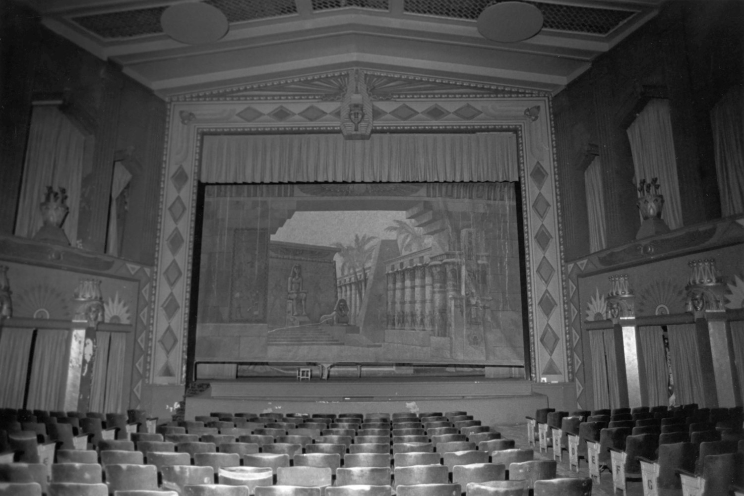 Egyptian Theatre, DeKalb Illinois Proscenium arch with original paint. Original fire curtain (1978)
