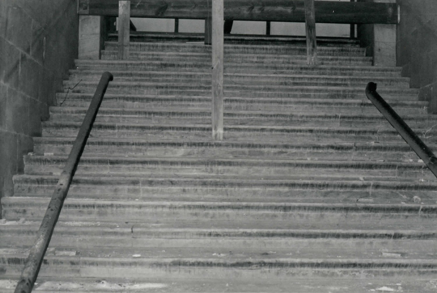 Union Railroad Station, Joliet Illinois Lower level stairs blocked off by telephone booths (1977)