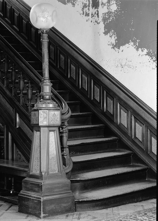 Hegeler Carus Mansion, La Salle Illinois 2008 First floor, stairway, newel and light post from southwest