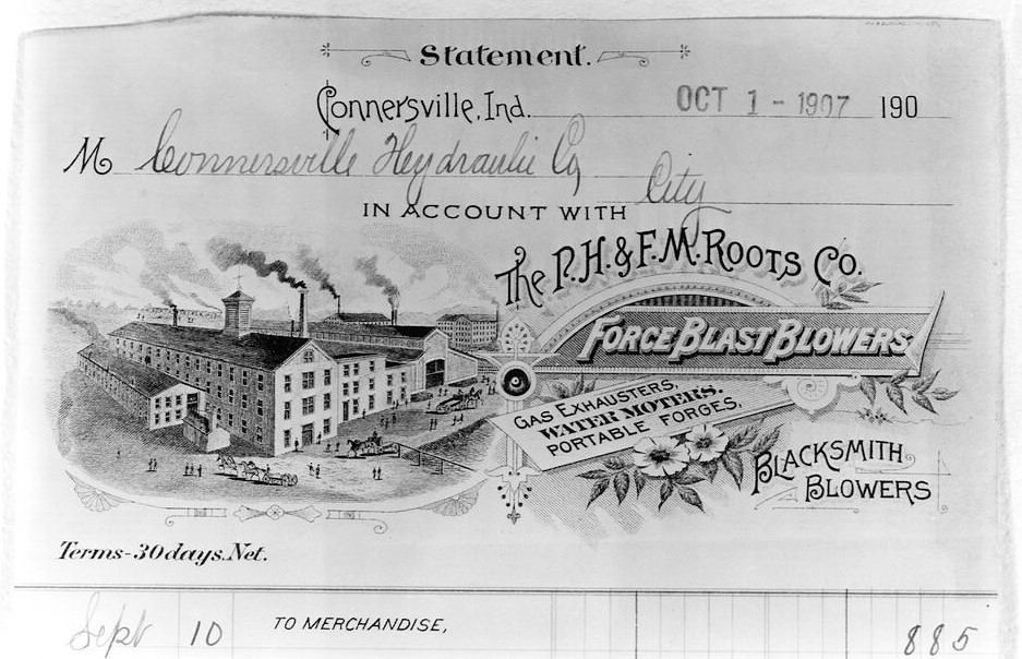 Roots Blower Company, Connersville Indiana P. H. & F. M. ROOTS CO. ILLUSTRATED LETTERHEAD STATEMENT, OCT. 1, 1907,