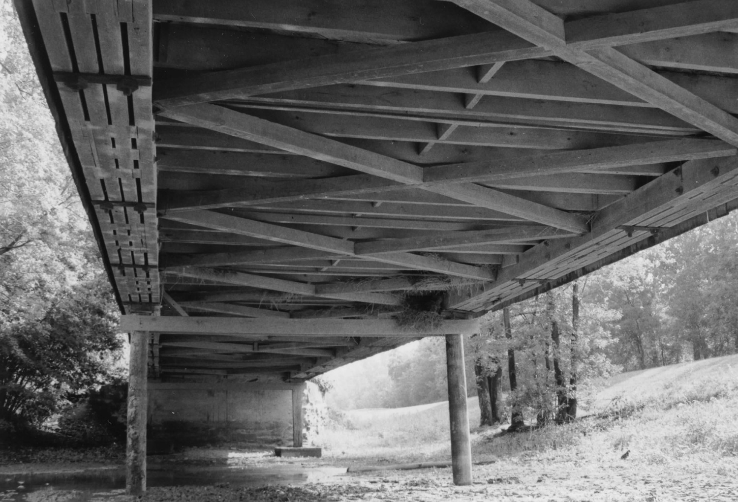 Ceylon Covered Bridge, Geneva Indiana View of lower lateral bracing and east abutment looking east (2005)