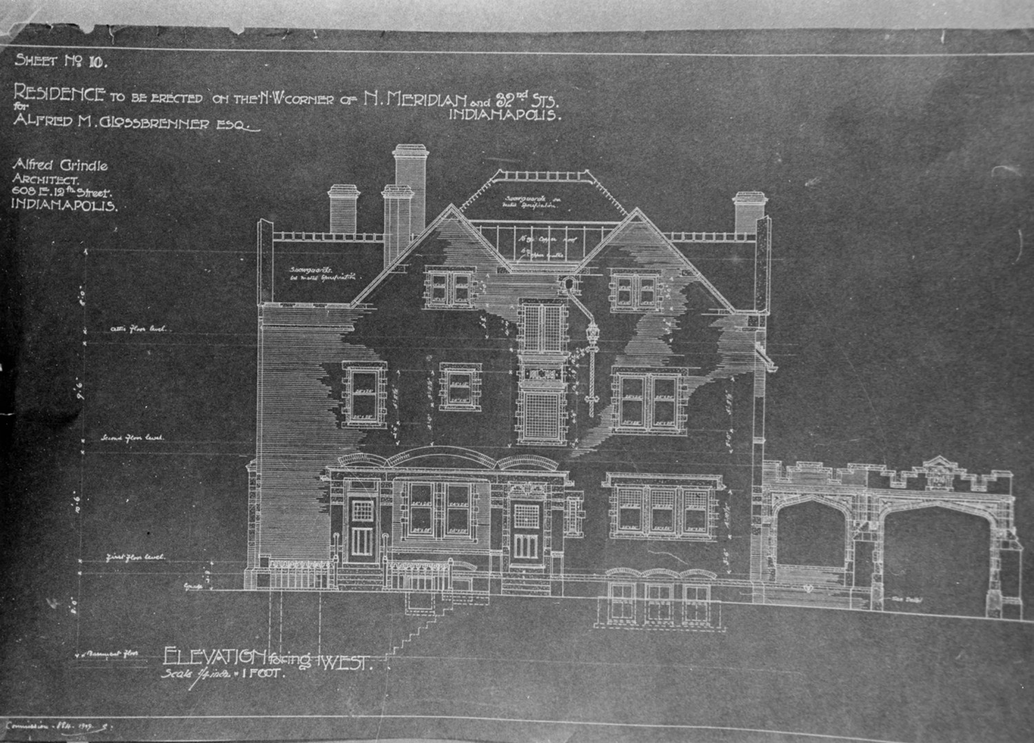 Alfred M. Glossbrenner Mansion, Indianapolis Indiana Original drawing of west elevation (1910)