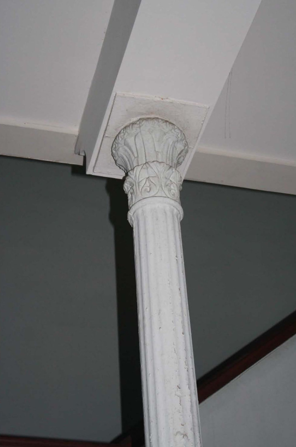 Knox County Poor Asylum, Vincennes Indiana Detail of Corinthian column in assembly room, first floor of southeast (men's) residential wing (2016)