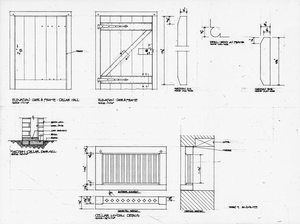 Photocopy of drawing, rear wing, cellar details, hall, door and frame, window - Liberty Hall, Frankfort Kentucky