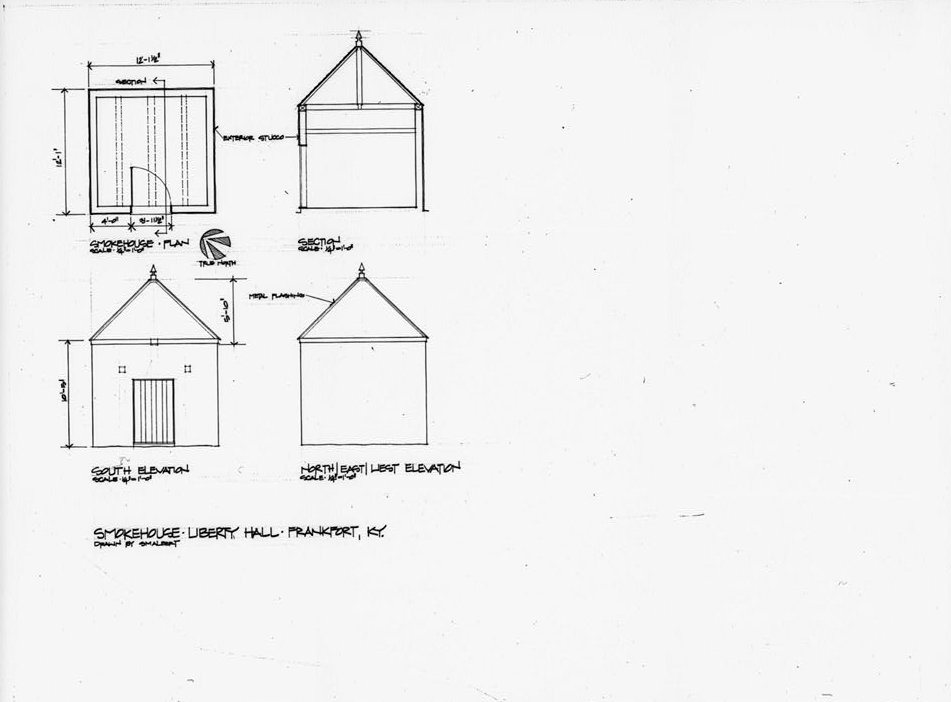 Photocopy of drawing, smokehouse, plan, section, south elevation, north/east/west elevation - Liberty Hall, Frankfort Kentucky
