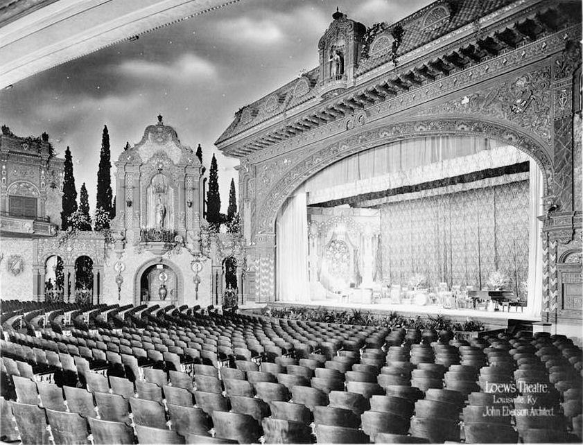 Loews Theater History, Louisville Kentucky  DIAGONAL VIEW OF ORCHESTRA, PROSCENIUM AND STAGE, CURTAINS OPEN