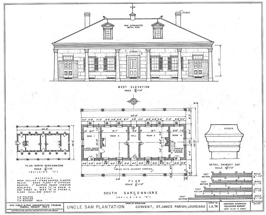 Uncle Sam Plantation, Convent, St James Parish, Louisiana South Garconniere Floor Plan and Elevation
