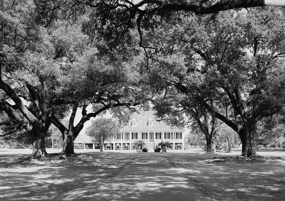 Oaklawn Plantation Mansion, Natchez Louisiana Southeast (front) elevation seen through trees