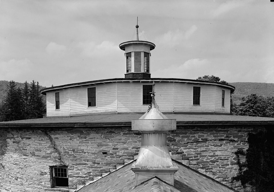 Shaker Church Family Round Barn, Hancock Massachusetts June 1962 ROOF WITH POLYGONAL CLERESTORY AND LANTERN FROM THE SOUTH