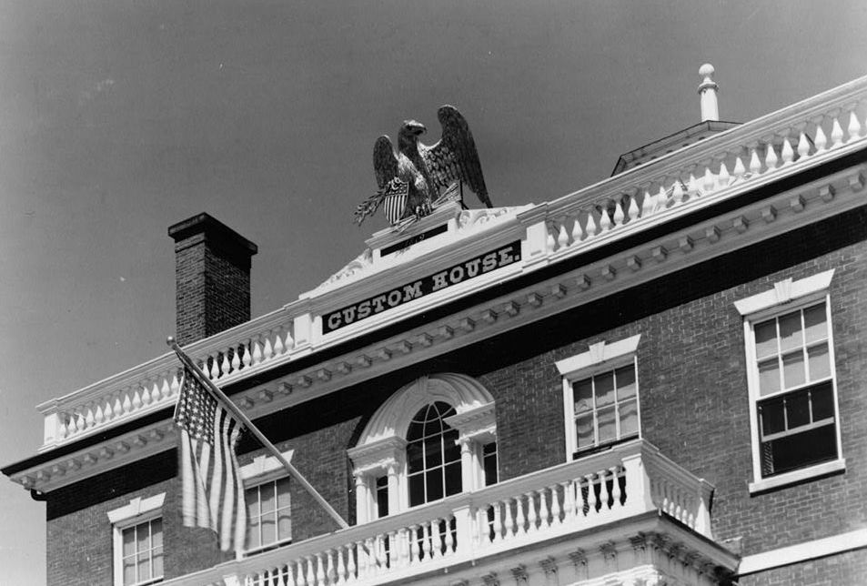 Custom House and Public Stores, Salem Massachusetts SOUTH FRONT, SECOND FLOOR, DETAIL OF CORNICE, NAME PLAQUE AND EAGLE FINIAL 