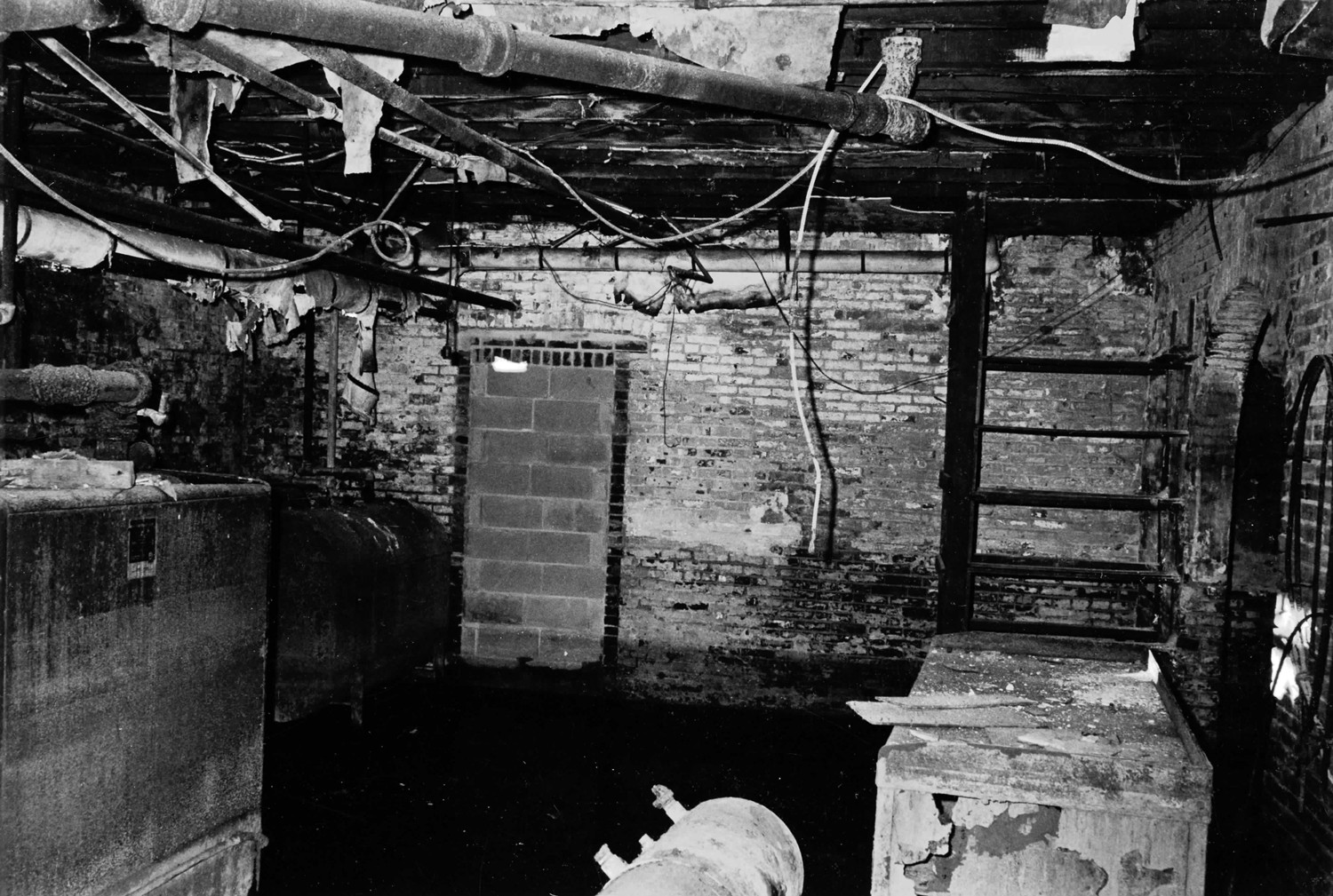 Bankard-Gunther Mansion, Baltimore Maryland Basement: note arched entrance to cellar at the right (1979)