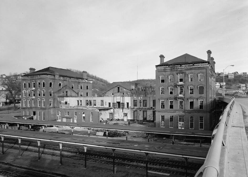 B & O Railroad Queen City Hotel and Station, Cumberland Maryland FRONT FACADE FROM ELEVATED HIGHWAY DURING DEMOLITION