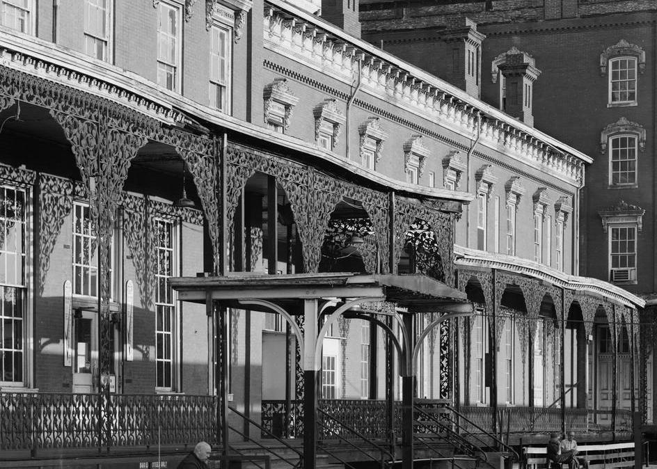 B & O Railroad Queen City Hotel and Station, Cumberland Maryland FRONT FACADE FROM BUILDING SHOWING CAST-IRON TRELLISWORK ON PORCHES
