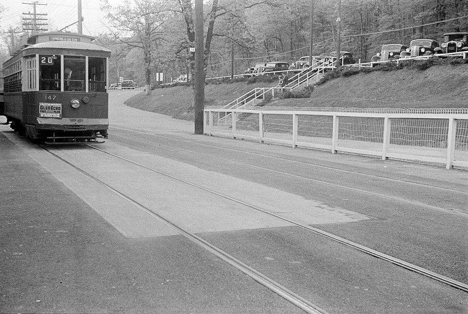 Glen Echo Amusement Park, Glen Echo Maryland near Glen Echo Park showing a street car with a Glen Echo advertisement on the front headed for Union Station (1939)