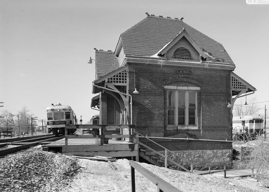 Baltimore & Ohio Railroad Train Station, Laurel Maryland VIEW FROM NORTHEAST, SHOWS TRACK AND SRS143, A SPERRY CAR USED TO TEST RAIL FOR CRACKS AND DEFECTS