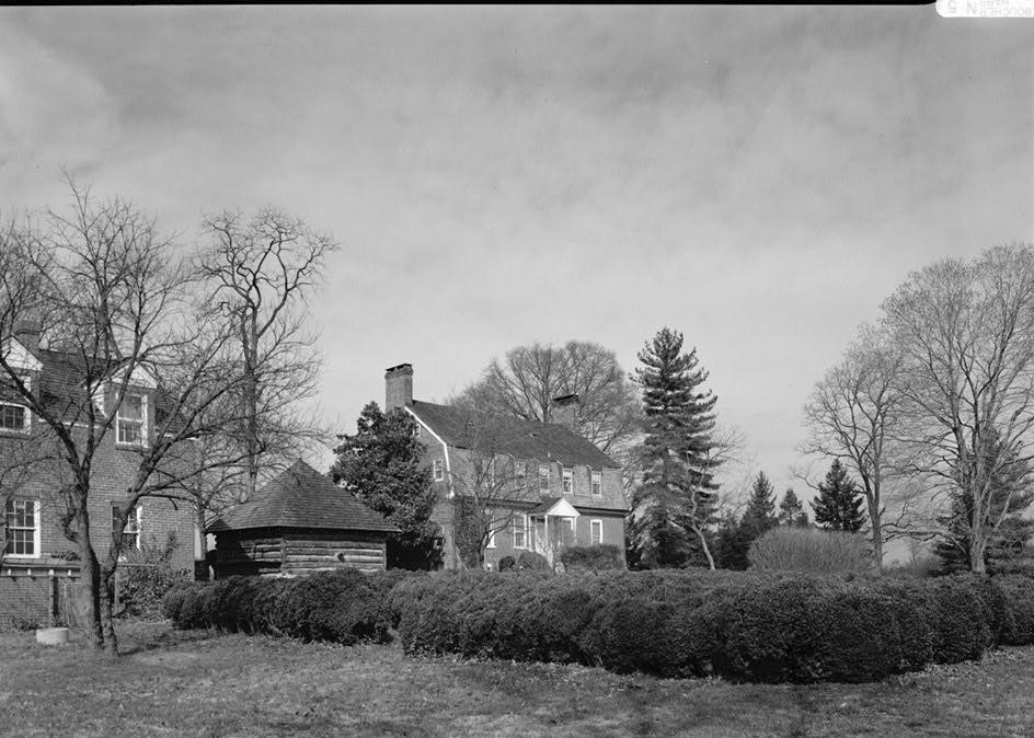 Snow Hill - Samuel Snowden House, Laurel Maryland 1989 VIEW OF EAST (RIVER FRONT) SHOWING ENVIRONMENTAL SETTING INCLUDING BOXWOOD GARDEN, LOG OUTBUILDING AND GARAGE/KEEPER'S RESIDENCE