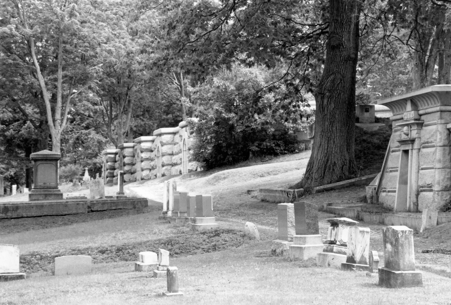 Evergreen Cemetery, Portland Maine View of tombs northeast on hillside (1992)
