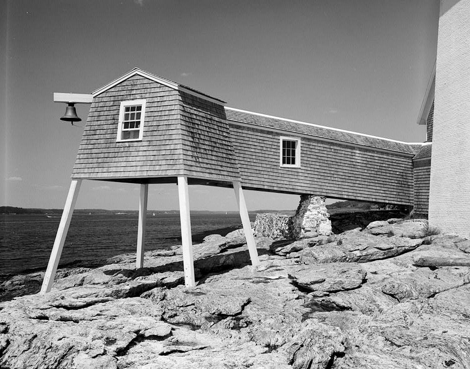 Hendricks Head Light Station, West Southport Maine Bell house southeast and northeast sides, with west side of light tower to right (1989)