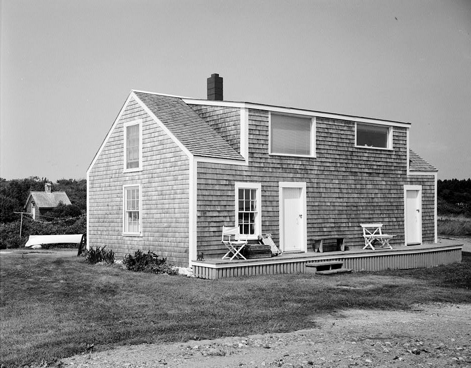 Hendricks Head Light Station, West Southport Maine Shed south and west sides, with oil house at left (1989)