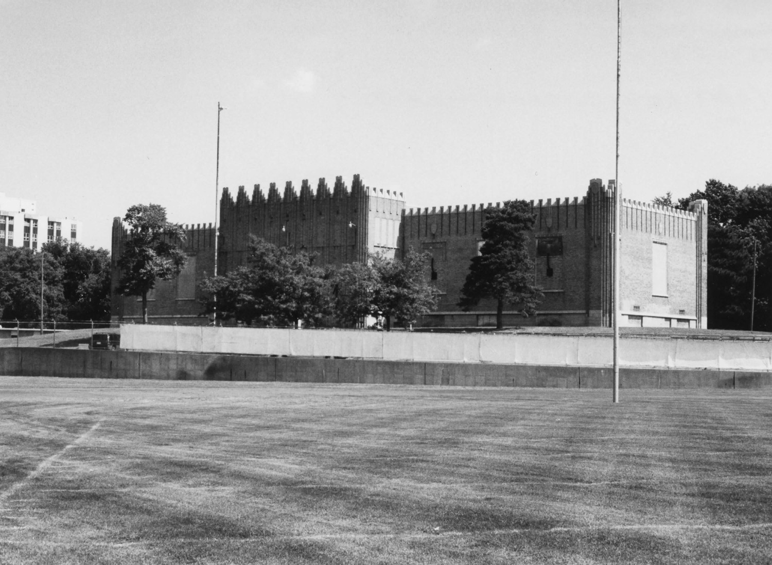 Boys Club Building, Battle Creek Michigan Exterior view of front and side elevations, looking northeast from the C.W. Post (Central High School) Athletic Field (2001)