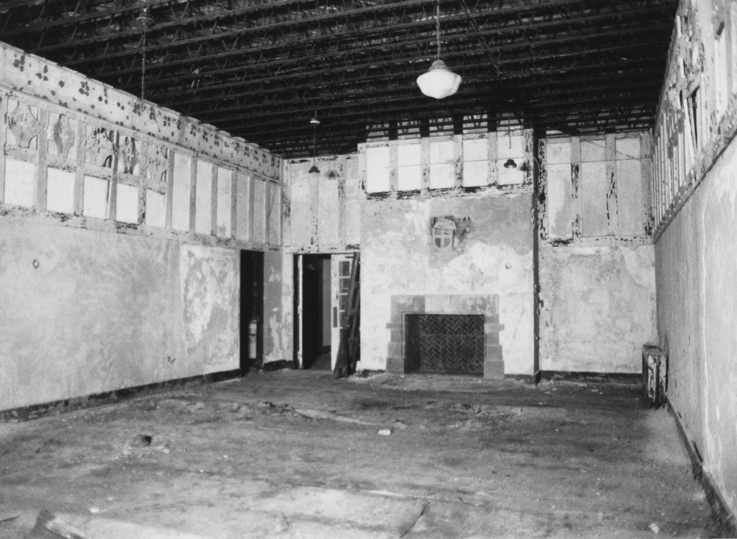 Boys Club Building, Battle Creek Michigan Lounge, looking northeast towards raised stone fireplace (2001)