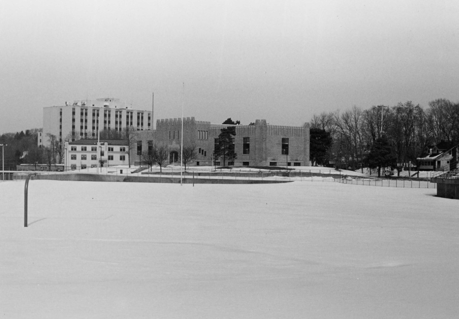 Boys Club Building, Battle Creek Michigan Looking northeast across the C.W. Post (Central High School) Athletic Field, showing front (west) and side (south) elevations. Note the elevated building site and three-story addition on left (constructed in 2003) (2004)