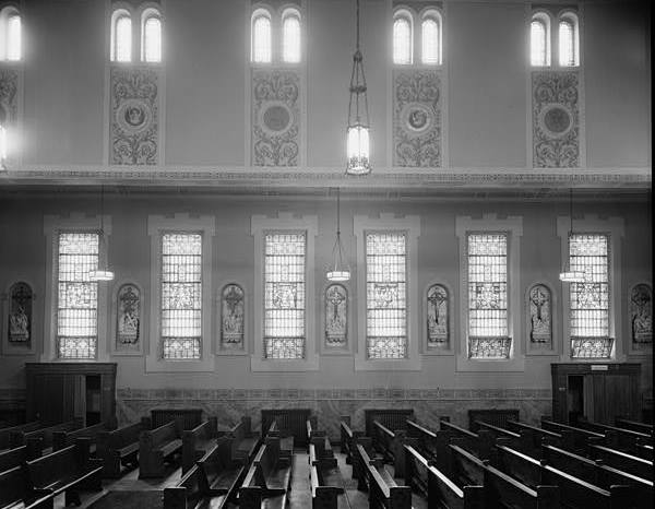 Immaculate Conception Catholic Church, Detroit Michigan INTERIOR VIEW OF STATIONS OF CROSS, CONFESSIONALS, FRESCOES, PEWS