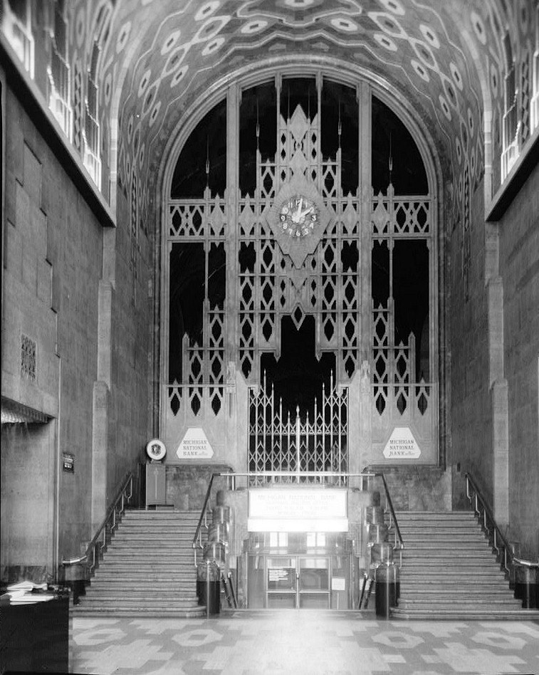Guardian Building (Union Trust Building), Detroit Michigan INTERIOR, LOBBY, LOOKING TOWARD BANK SHOWING STAIRS WITH METAL RAILING,SCREEN AND CLOCK 1976