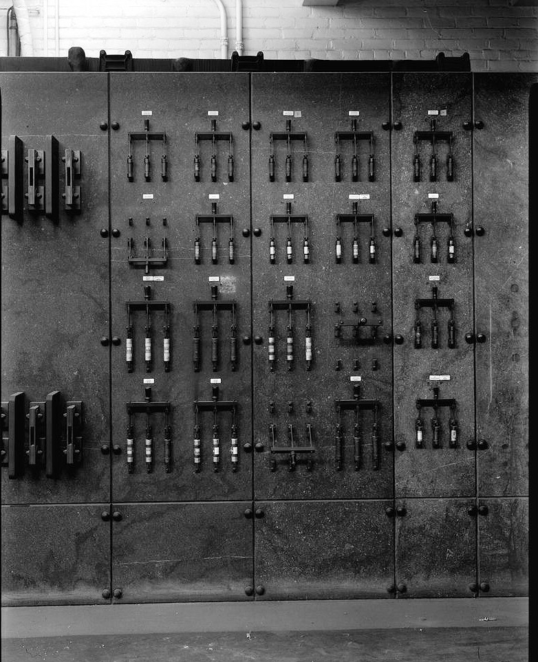 Edison Hart Electrical Power Substation, Detroit Michigan INTERIOR VIEW, DETAIL OF MACHINE ROOM CONTROL PANELS, LOOKING WEST 1988