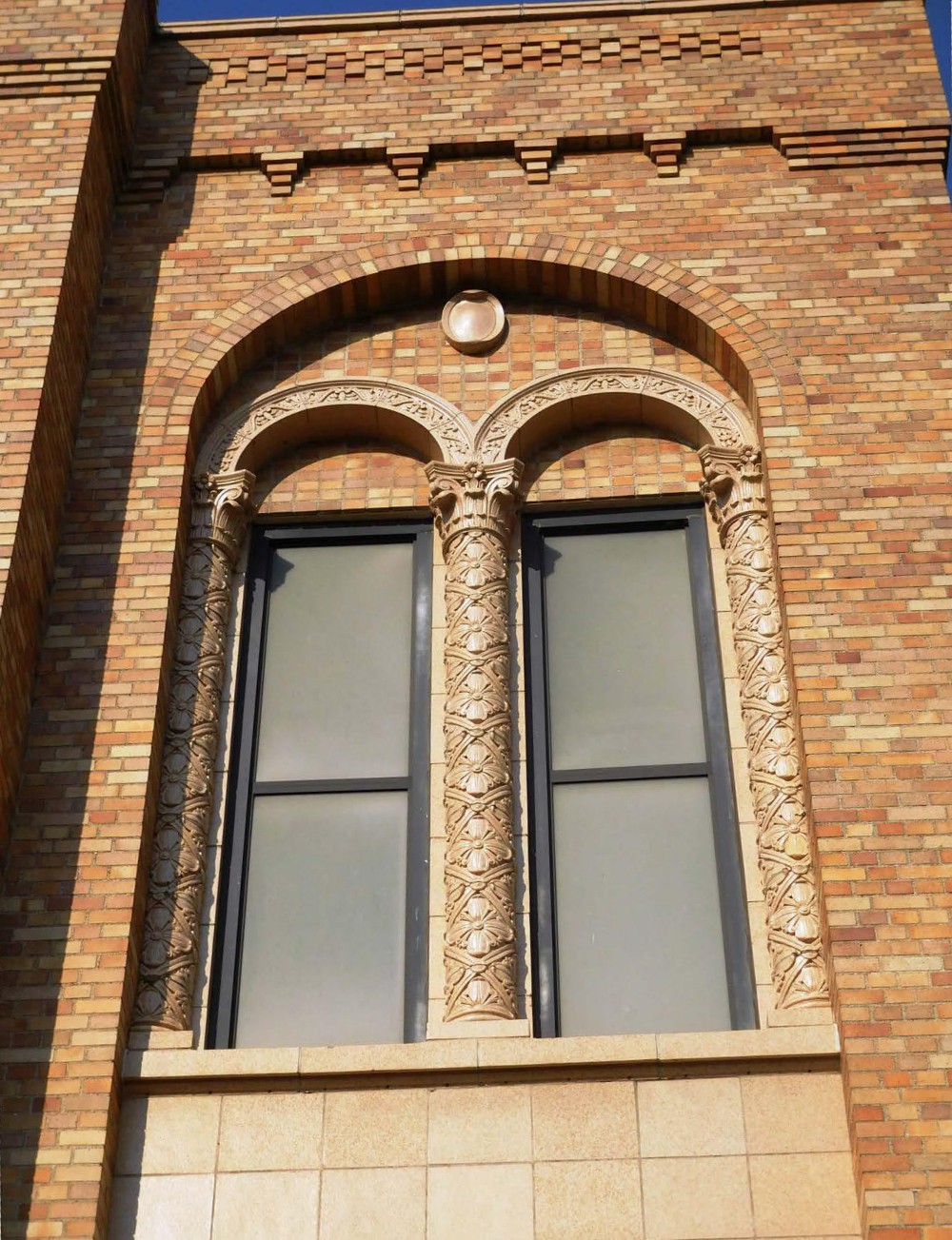 Grand Rapids Christian High School, Grand Rapids Michigan East elevation, northeast stairwell terracotta detail (2017)