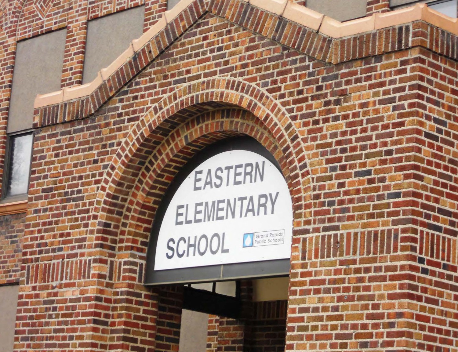 Eastern Avenue School, Grand Rapids Michigan East elevation, detail of entry portico (2012)
