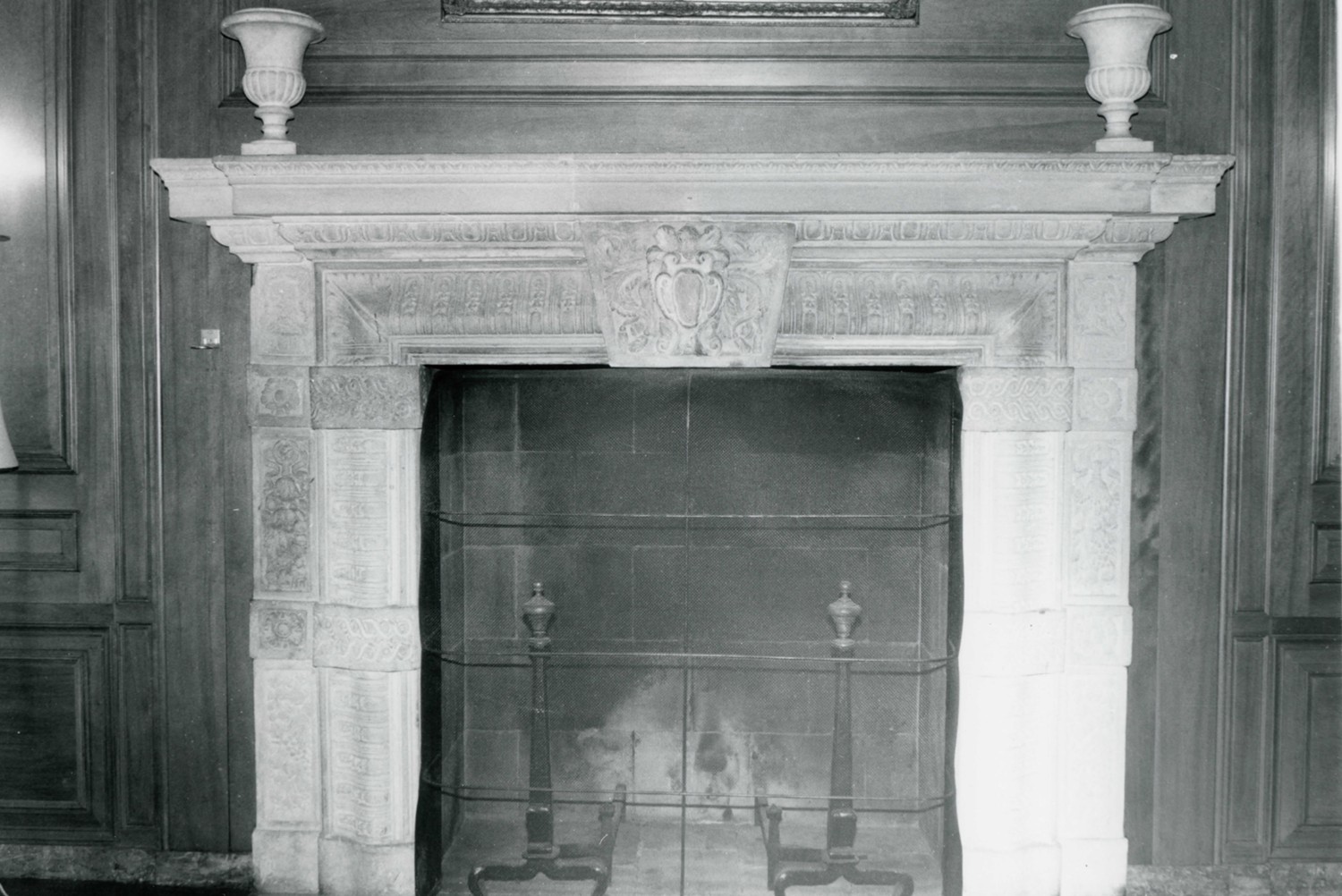 Russell A. Alger Jr. House - War Memorial Association, Grosse Pointe Farms Michigan Dining room fireplace, dated (1625)