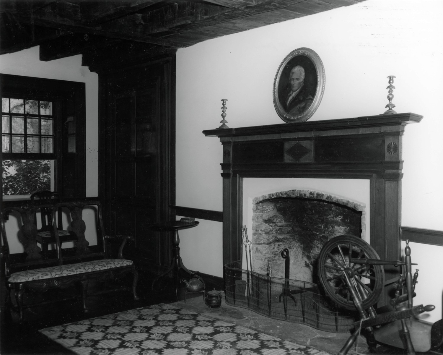 Daniel Boone House, Defiance Missouri Interior view of first story, primary parlor at southeast end of house, looking east. Walnut woodwork is used throughout the first and second stories (1969)