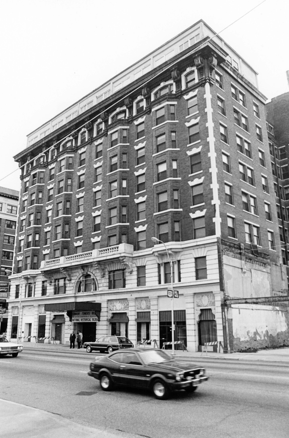 Joplin Connor Hotel, Joplin Missouri Northeast corner; view looking southwest. (1977) 