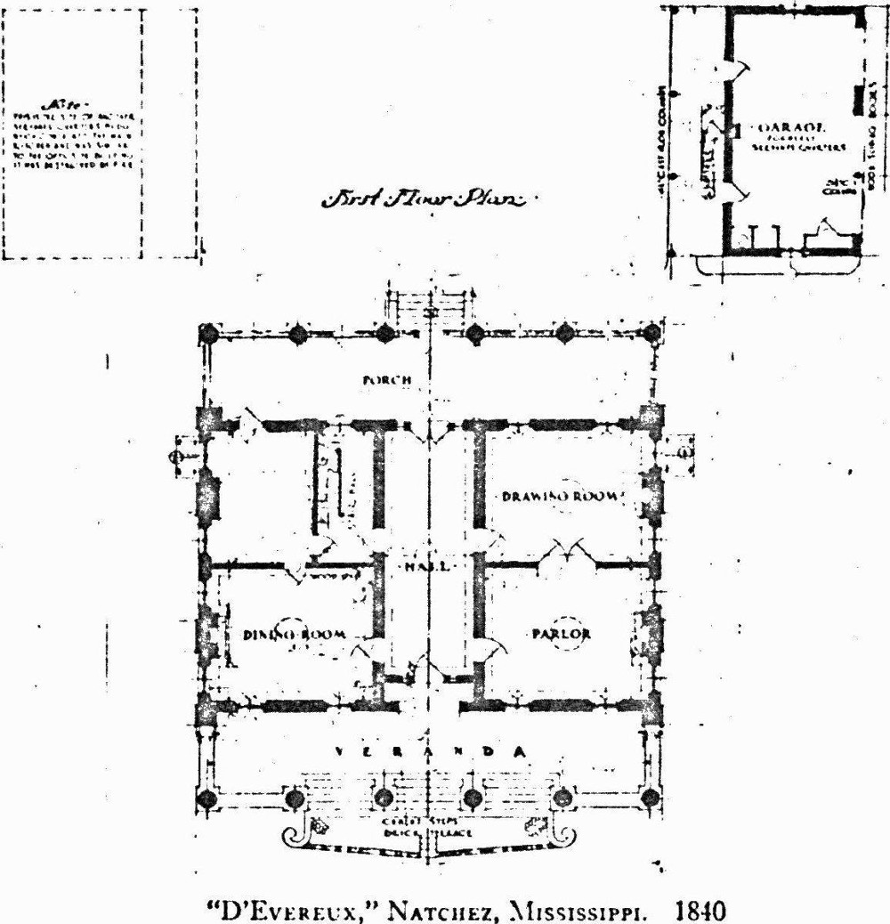 D'Evereux Hall House, Natchez Mississippi Floor Plans (1971)