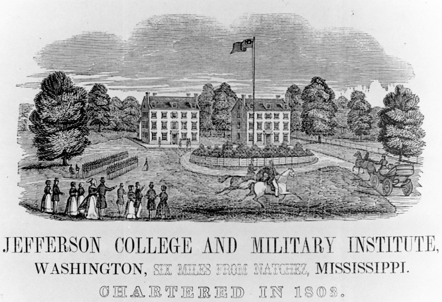 Jefferson College, Washington Mississippi Woodcut, ca. 1851, depicting east and west wings with a dependency partially visible behind the west wing (1851)