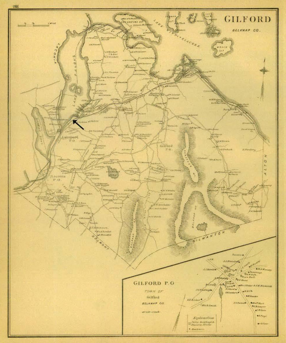 Hathaway House, Laconia New Hampshire Historical map of Town of Gilford, showing approximate site location (1892)