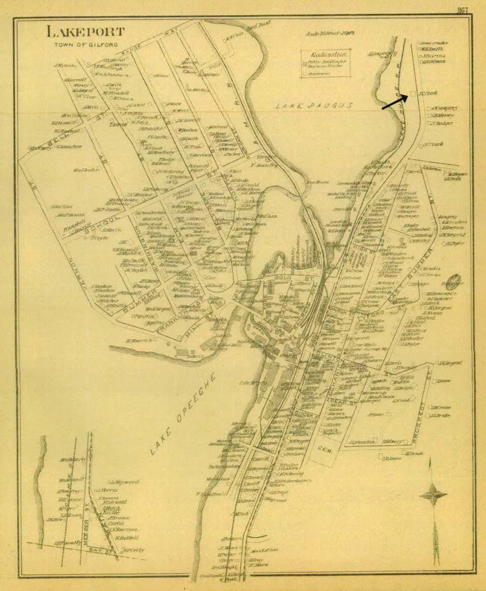 Hathaway House, Laconia New Hampshire Historical map of Lakeport, showing location of Clark residence (1892)