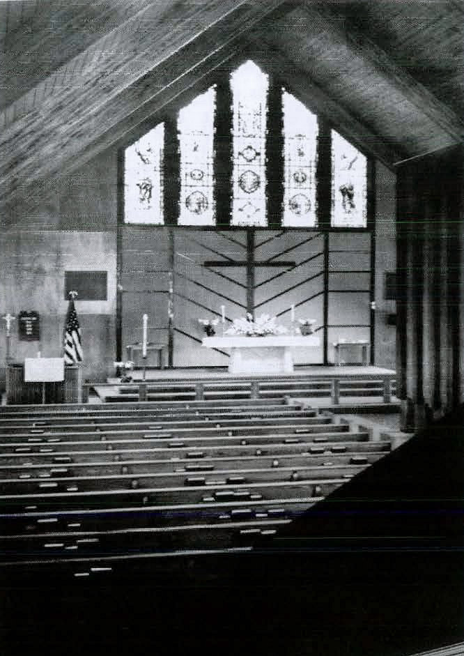 St. James Episcopal Church, Laconia New Hampshire Looking east at altar and chancel from choir loft. Stained glass windows incorporate glass from old church (1966)