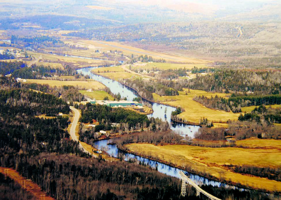 Nansen Ski Jump, Milan New Hampshire Aerial view showing the setting of the Nansen Ski Jump (lower right) within the Androscoggin River Valley (date unknown)