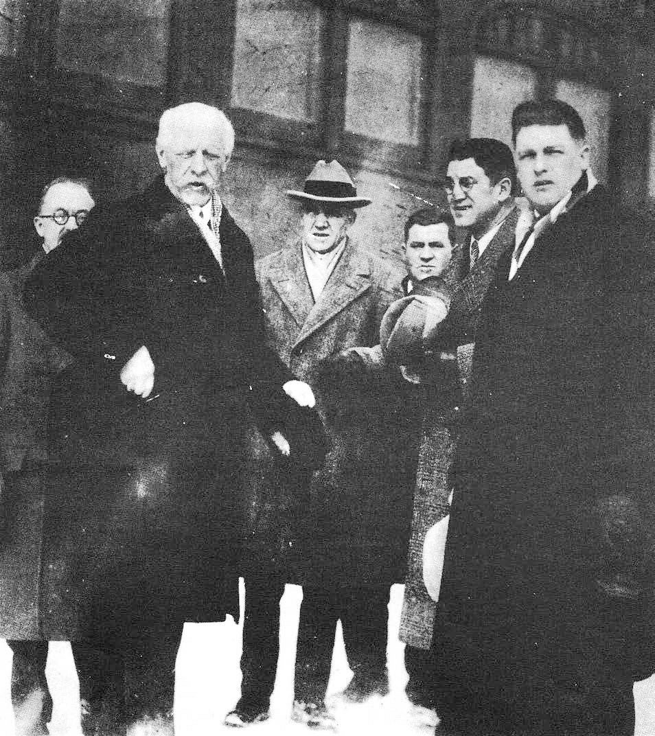 Nansen Ski Jump, Milan New Hampshire World-renowned explorer and humanitarian Fridtjof Nansen (foreground left) came to Berlin in 1929 and visited the ski club named in his honor. Nansen Ski Club President Alf Halvorson is on the far right in front of Berlin Mayor Hawkins McGee (1929)