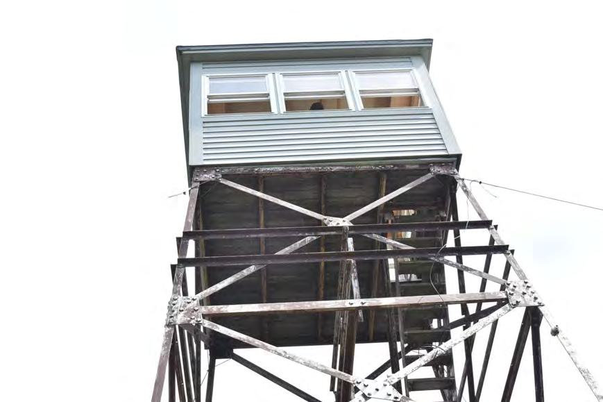 Croydon Peak Fire Tower, Newport New Hampshire Detail of fire tower cab (2022)