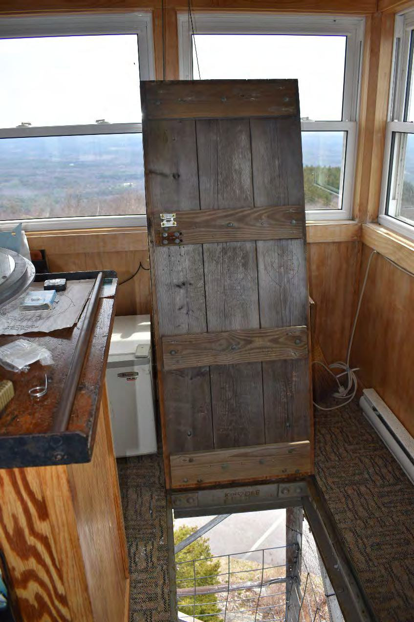 Pack Monadnock Fire Tower, Peterborough New Hampshire Heavy wood hatch from cab to platform below (2022)
